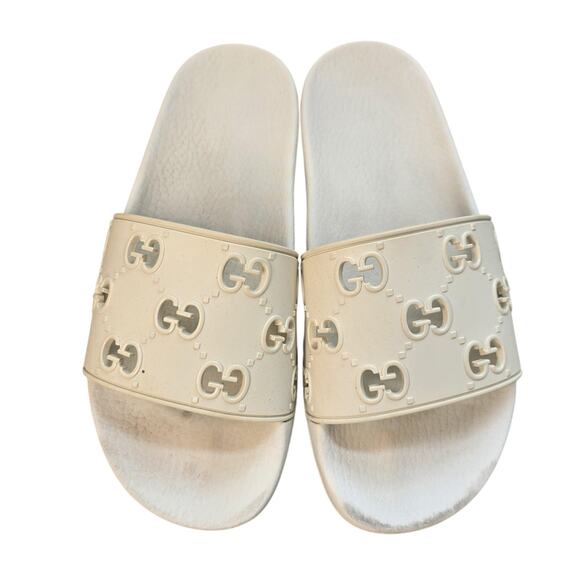 Gucci Other - Gucci Slides Shoes Mens Size 6 White GG Logo Embossed Italian Rubber Sandals